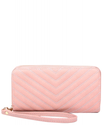 Chevron Quilted Double Zip Around Wallet Wristlet QA0012 ROSEPINK